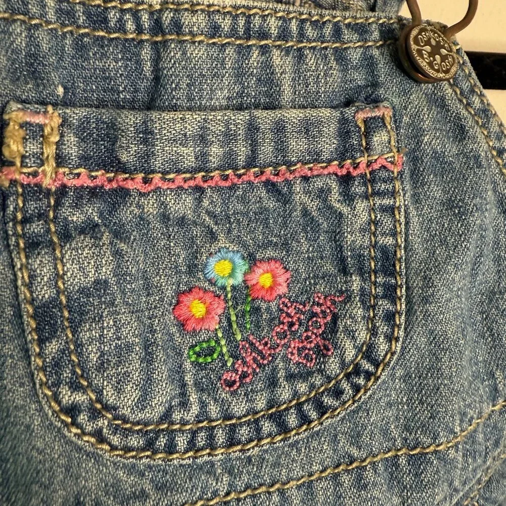 OshKosh B'Gosh Girls Blue Denim Floral Front Pocket Skirt Dress Overalls vintage